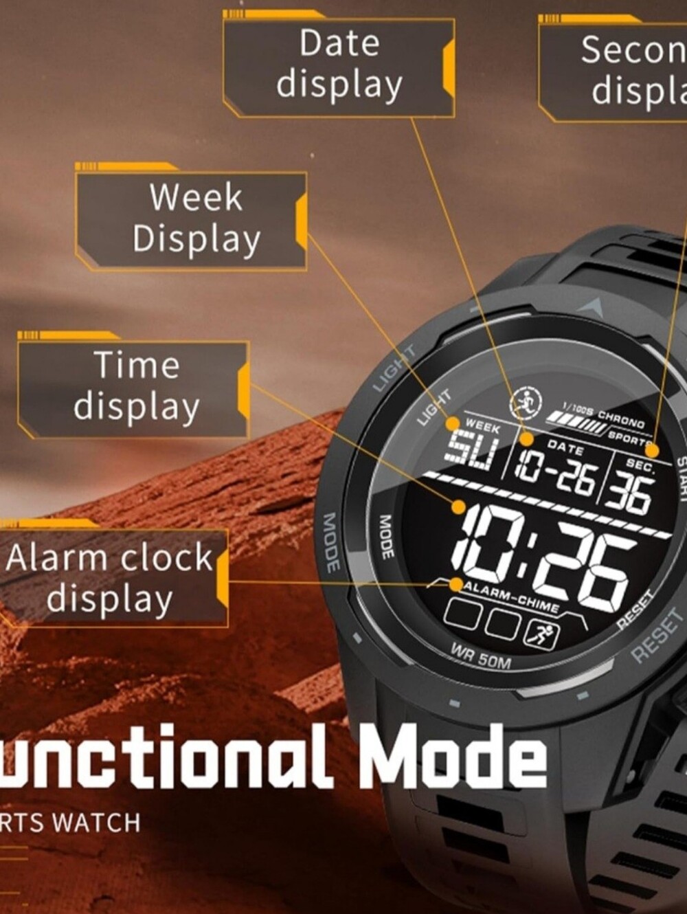 Dual Function Digital Sports Watch, Waterproof 5ATM, LED, Military Style - Picture 5 of 7